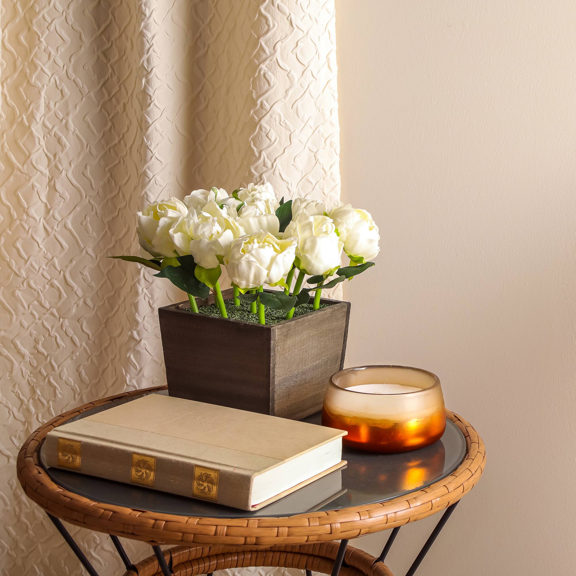 10" White Peony Flowers In Wood Box